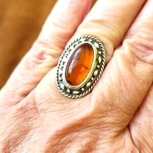 Amber Ring Size 7.5 Sterling Silver 925 Oval Boma signed